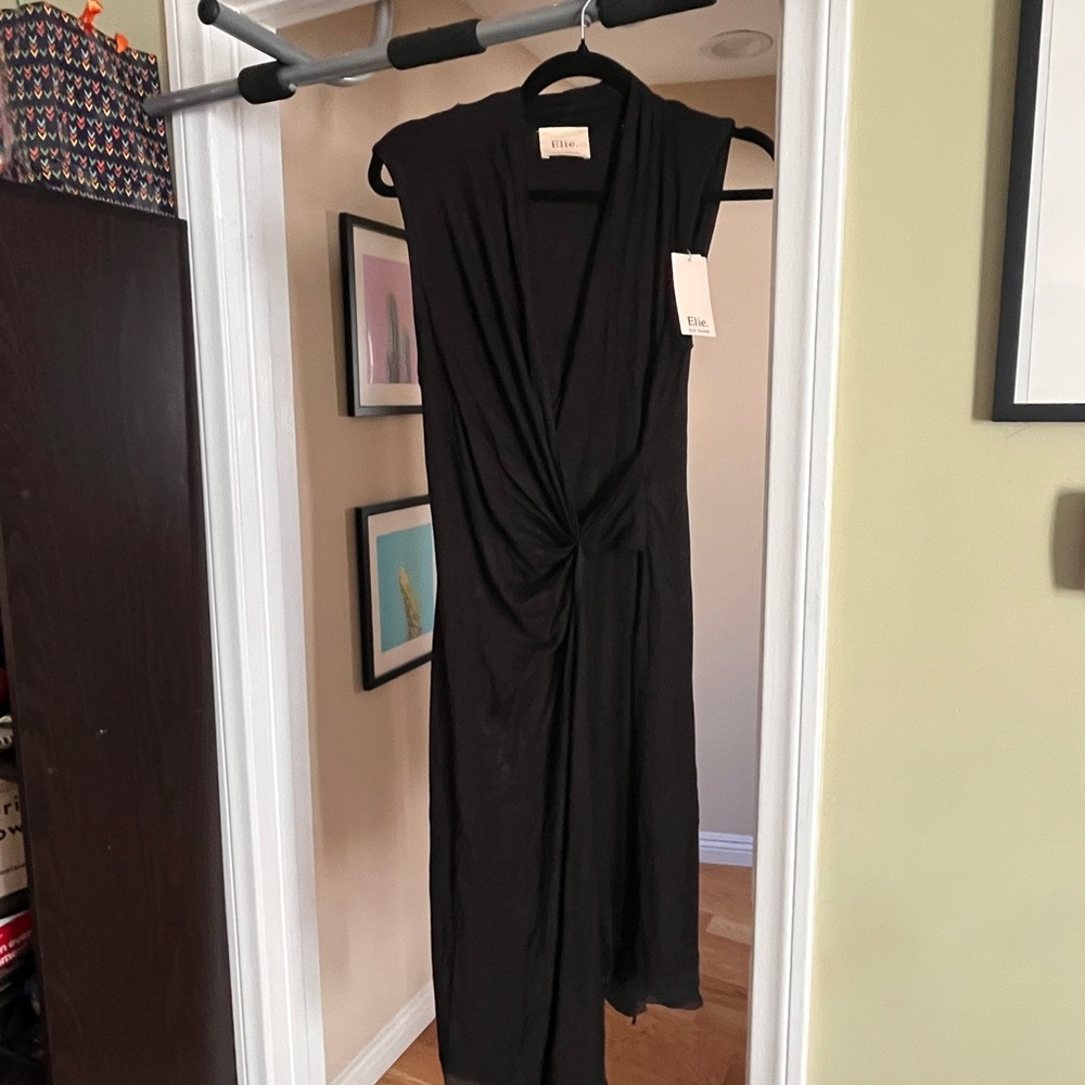 NWT Elie by Elie Tahari Black Draped Midi Sheath Dress Size S
